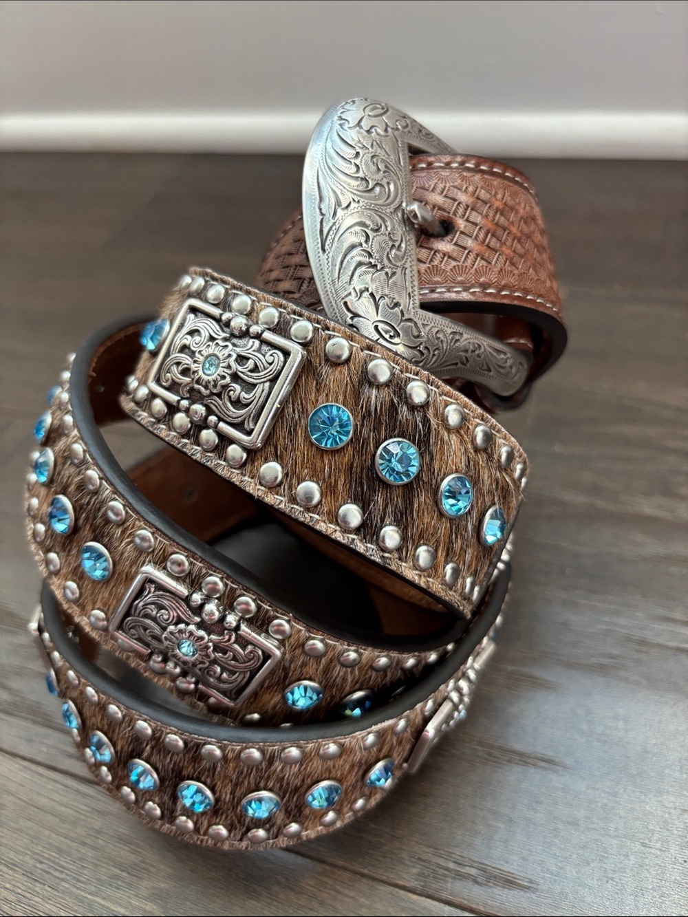 Nocona Genuine Tooled Leather,Hair on hide, Concho,blue stones,silvertone buckle